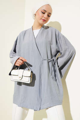 Yandan Çift İp Bağlamalı Kimono Gri 