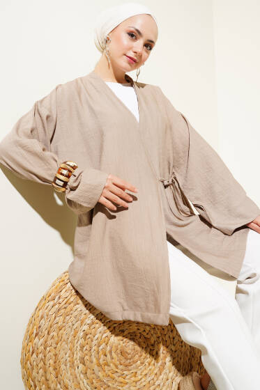 Yandan Çift İp Bağlamalı Kimono Latte - Dış Giyim&Mont