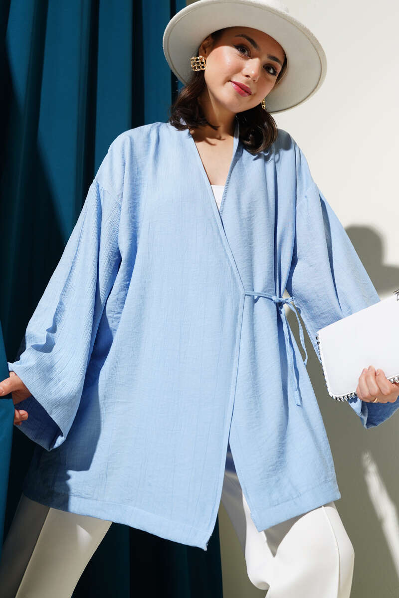 Yandan Çift İp Bağlamalı Kimono Mavi