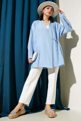 Yandan Çift İp Bağlamalı Kimono Mavi - 300-500 TL Ürünler