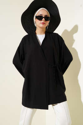 Yandan Çift İp Bağlamalı Kimono Siyah 