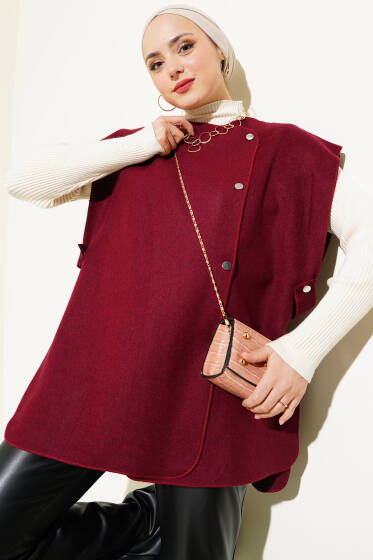 Yandan Çıtçıtlı Süveter Bordo - Triko