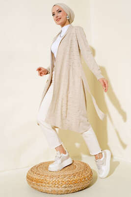 Yandan Dikişli Bağcıklı Hırka Bej - Triko Hırka