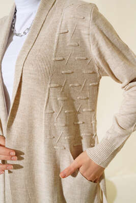 Yandan Dikişli Bağcıklı Hırka Bej - Triko Hırka