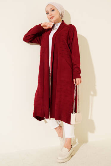 Yandan Dikişli Bağcıklı Hırka Bordo - Hırka