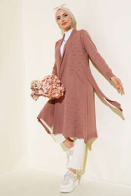 Yandan Dikişli Bağcıklı Hırka Gül Kurusu - Triko Hırka