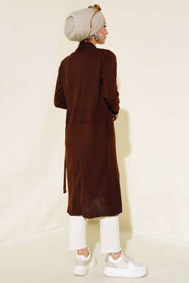 Yandan Dikişli Bağcıklı Hırka Kahve - Triko Hırka