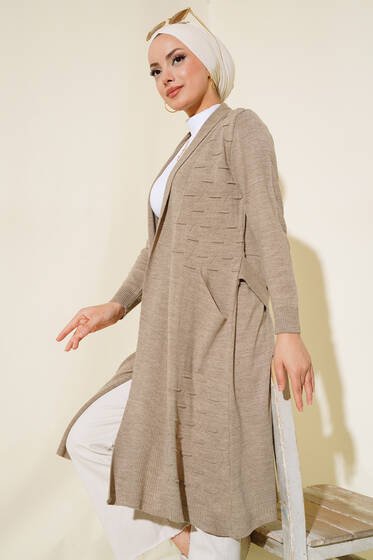 Yandan Dikişli Bağcıklı Hırka Vizon - Hırka