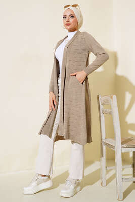 Yandan Dikişli Bağcıklı Hırka Vizon - Triko Hırka