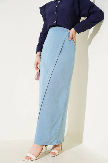 Yandan Düğmeli Kot Etek Buz Mavisi - Etek