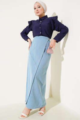 Yandan Düğmeli Kot Etek Buz Mavisi - Uzun Etek