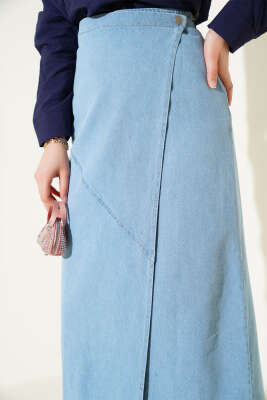 Yandan Düğmeli Kot Etek Buz Mavisi - Uzun Etek