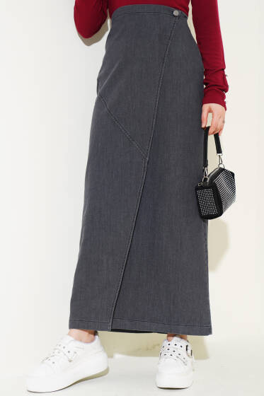 Yandan Düğmeli Kot Etek Füme - Etek