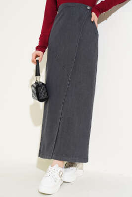 Yandan Düğmeli Kot Etek Füme - Uzun Etek