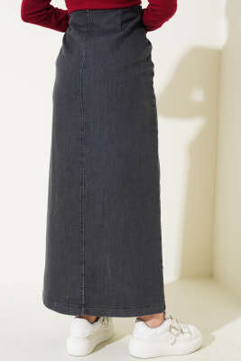 Yandan Düğmeli Kot Etek Füme - Uzun Etek