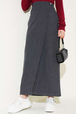 Yandan Düğmeli Kot Etek Füme 