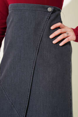 Yandan Düğmeli Kot Etek Füme - Uzun Etek