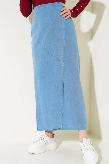 Yandan Düğmeli Kot Etek Kot Mavisi - Uzun Etek