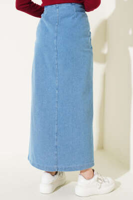 Yandan Düğmeli Kot Etek Kot Mavisi - Uzun Etek
