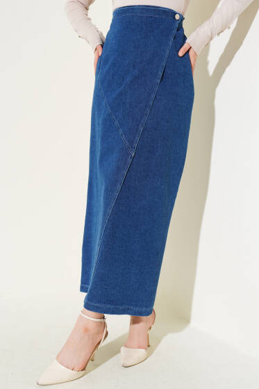 Yandan Düğmeli Kot Etek Kot - Uzun Etek