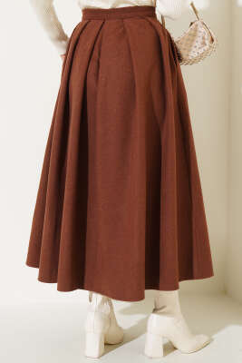 Yandan Fermuarlı Kaşe Etek Kestane - Uzun Etek