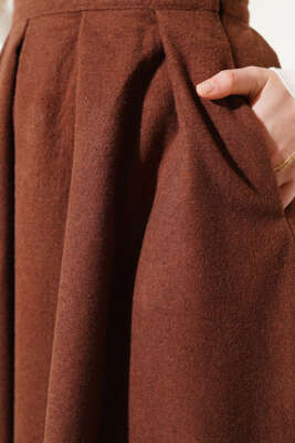 Yandan Fermuarlı Kaşe Etek Kestane - Uzun Etek