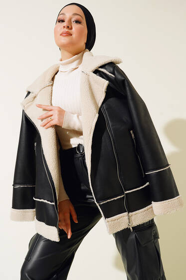 Yandan Fermuarlı Kürklü Mont Siyah - Mont