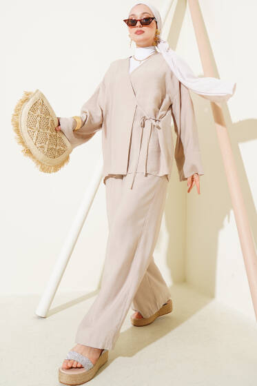 Yandan İp Bağcıklı Kimono İkili Takım Bej - İkili Takım