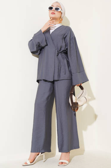 Yandan İp Bağcıklı Kimono İkili Takım Fume - İkili Takım