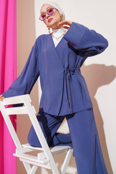 Yandan İp Bağcıklı Kimono İkili Takım İndigo - İkili Takım