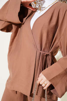 Yandan İp Bağcıklı Kimono İkili Takım Kahve - İkili Takım