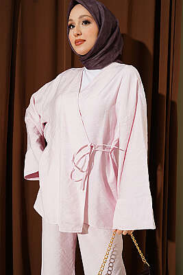 Yandan İp Bağcıklı Kimono İkili Takım Pembe - İkili Takım