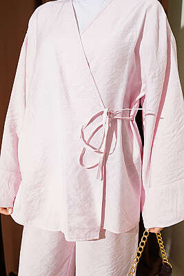 Yandan İp Bağcıklı Kimono İkili Takım Pembe - İkili Takım