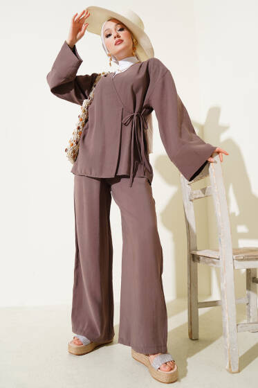 Yandan İp Bağcıklı Kimono İkili Takım Vizon - İkili Takım