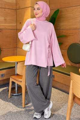 Yandan İp Bağlama Detaylı Tunik Pembe - Tunik