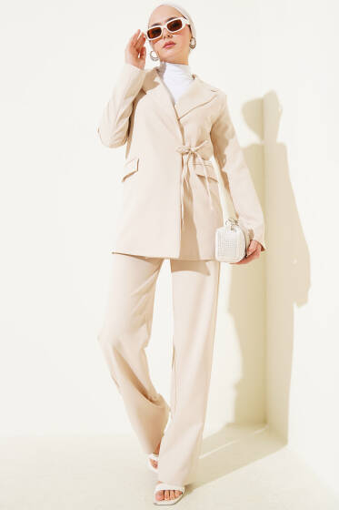 Yandan İp Bağlamalı Ceket İkili Takım Bej - İkili Takım