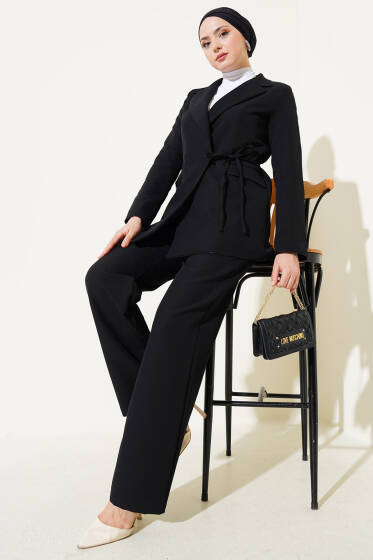 Yandan İp Bağlamalı Ceket İkili Takım Siyah - İkili Takım