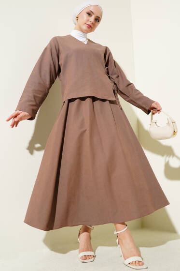 Yandan İp Bağlamalı Etekli Keten İkili Takım Kahve - İkili Takım