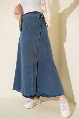 Yandan İp Bağlamalı Kot Etek Mavi - ALİ AKKAYA