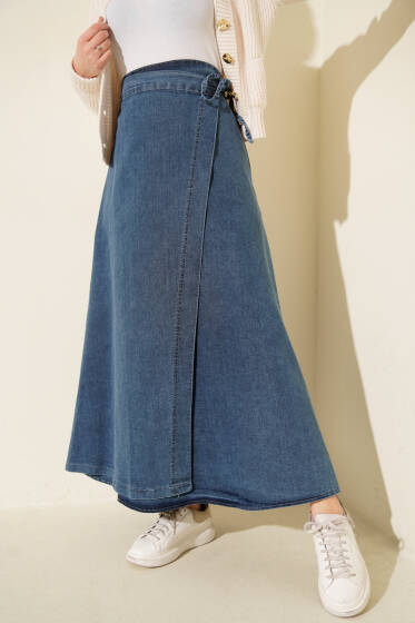 Yandan İp Bağlamalı Kot Etek Mavi - Etek