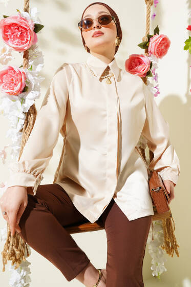 Yandan İp Bağlamalı Saten Gömlek Bej - Gömlek