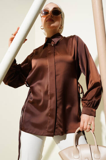 Yandan İp Bağlamalı Saten Gömlek Kahve - Gömlek