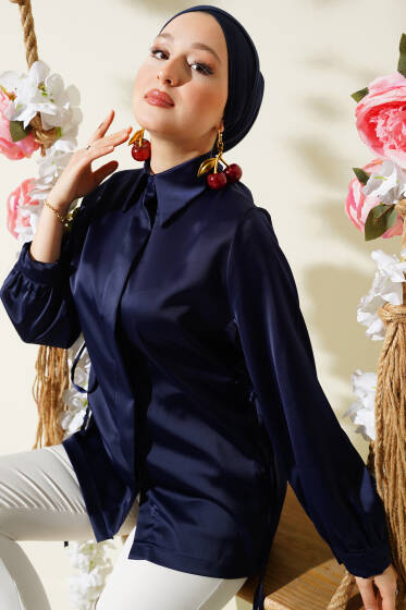 Yandan İp Bağlamalı Saten Gömlek Lacivert - Gömlek