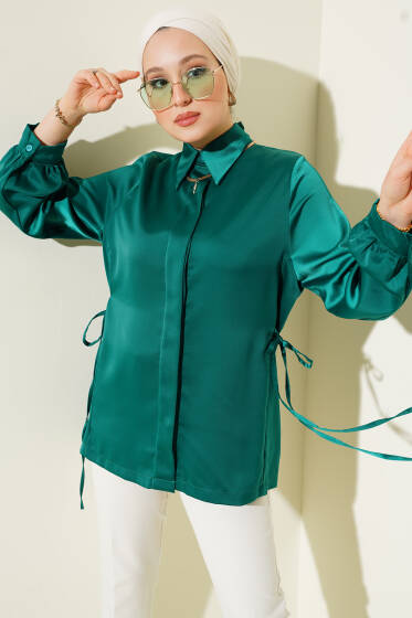 Yandan İp Bağlamalı Saten Gömlek Zümrüt - Gömlek