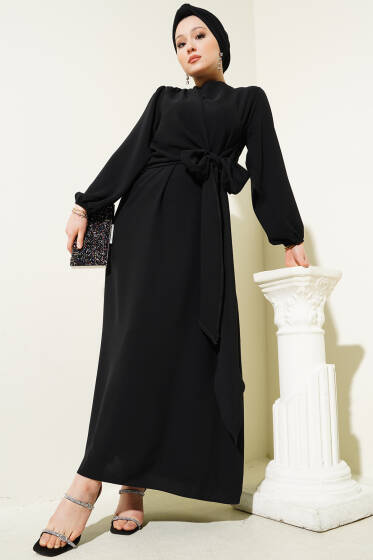 Yandan Kapaklı Bağlamalı Elbise Siyah - Elbise
