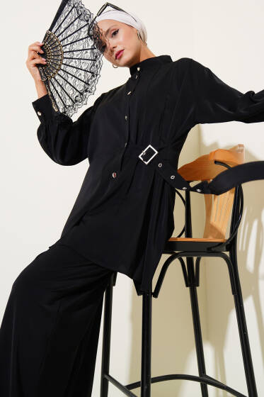 Yandan Kemer Detaylı İkili Takım Siyah - İkili Takım