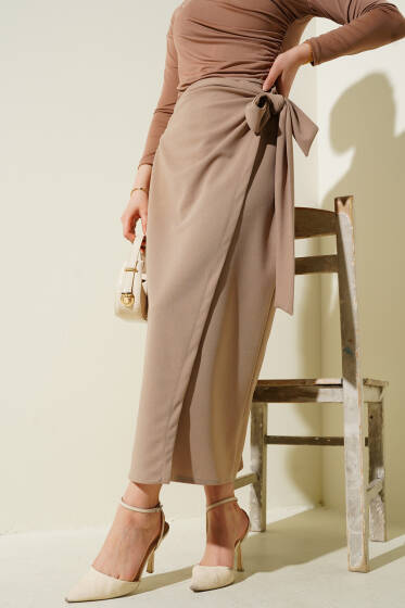 Yandan Kuşak Bağlamalı Etek Bej - Etek