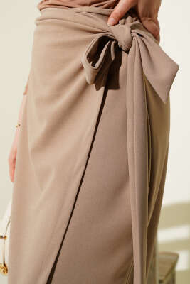 Yandan Kuşak Bağlamalı Etek Bej - Uzun Etek