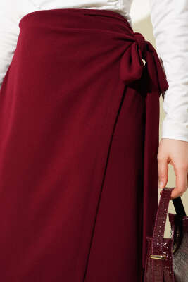 Yandan Kuşak Bağlamalı Etek Bordo - Uzun Etek