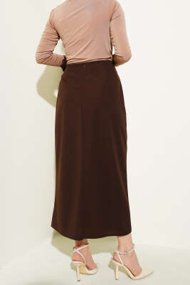 Yandan Kuşak Bağlamalı Etek Kahve - Uzun Etek